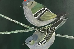 Tweet #13 two small perching birds with a red stripe and green wings on the male against a paper stripe and black background