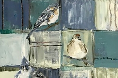 Tweet #15 Three perching  birds on a background  of muted colored painted squares